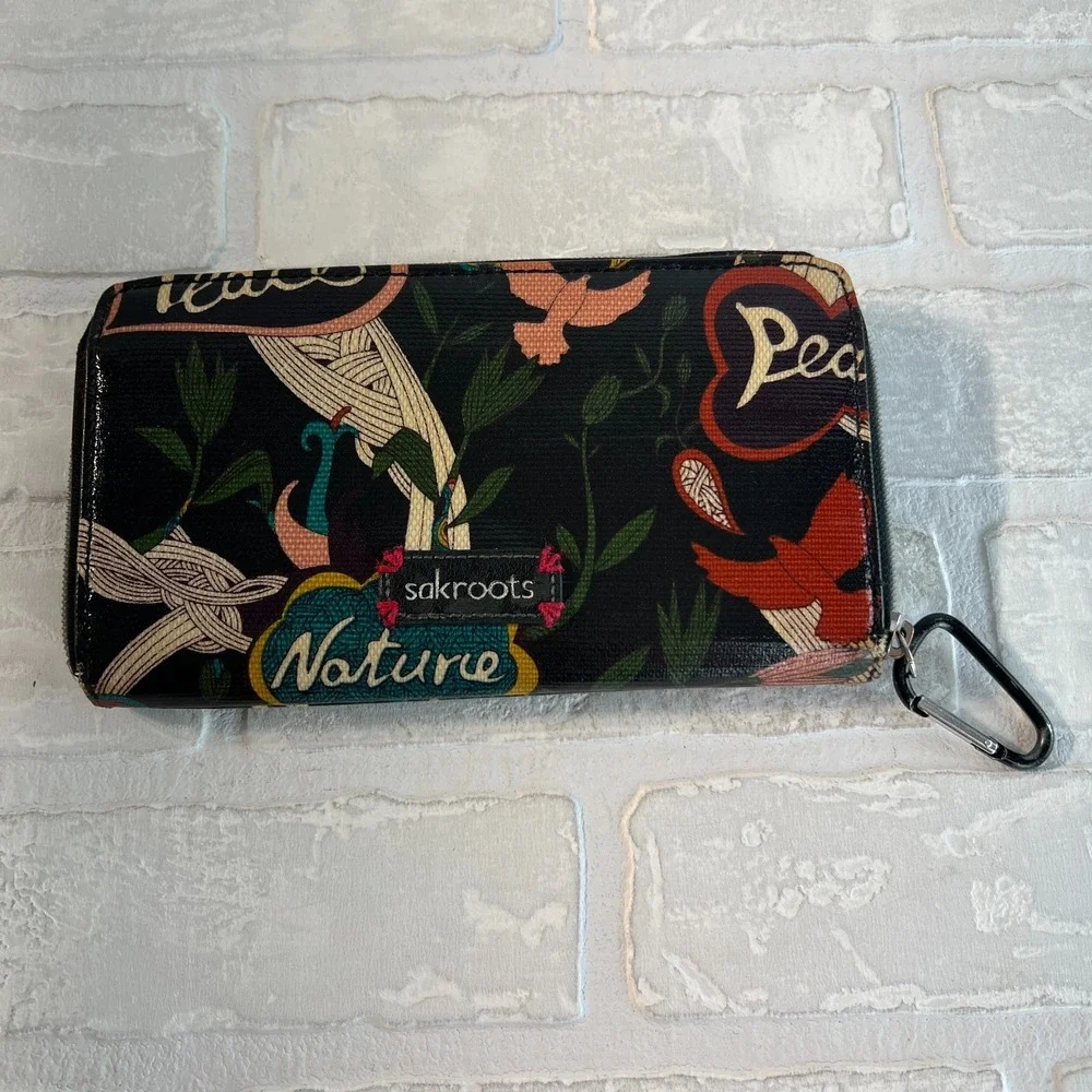 Sakroots Wallet Zip Around Artist‎ Circle Peace Bird Floral Embroidered Black